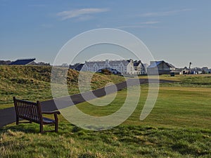 From a Wooden Bench looking over to Links House and the Carnoustie Golf Hotel around the 1st Tee and 18th Green.