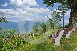 Wooden bench with a mountain view