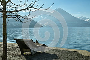 Wooden bench near Lake Lucerne in small village of Vitznau, Switzerland