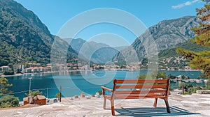 Wooden bench overlooking lake mountains, surrounded by natures beauty