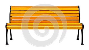 Wooden bench painted orange with metal legs, isolated on a white background design element