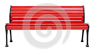 Wooden bench painted in red with metal legs, isolated on a white background design element