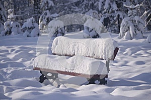 Wooden bench in the park covered with a thick layer of snow