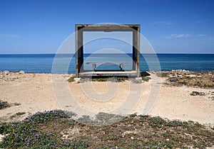 Wooden bench,relax place on the Cyprus sea coast