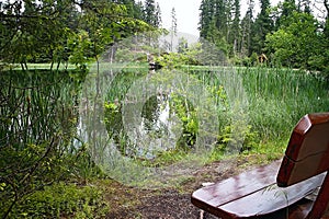 Wooden bench for relaxing in the popular mountain lake in Liptov - Vrbicke lake.