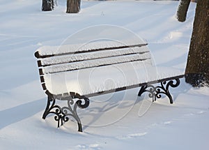 Wooden bench after snowstorm in the winter park