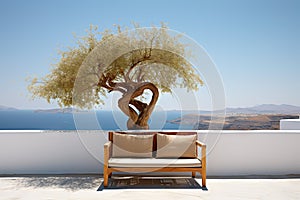 Wooden Bench on Summer White Stone Terrace Amidst Olive Tree Captivating Sea View Background, Embodying the Essence of Summer