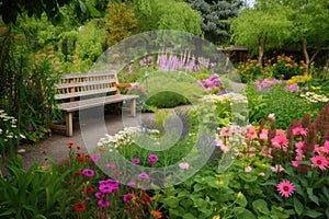 wooden bench surrounded by blooming flowers and greenery in garden