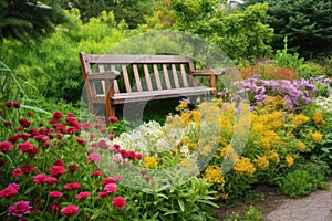 wooden bench surrounded by blooming flowers and greenery in garden