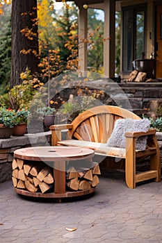 Wooden bench and table sitting on patio next to firewood log. Generative AI