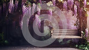 a wooden bench under a purple wister tree in a park. generative ai photo