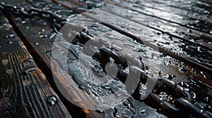 Wooden bench with water droplets