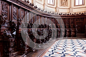 Wooden benches choir San Giorgio Maggiore Monastry church Venice, Italy