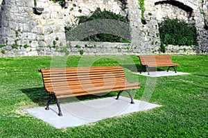 Wooden benches on garden