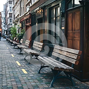 Wooden benches line the street, inviting moments of respite