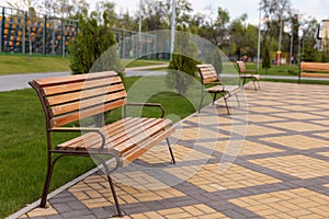 Wooden benches in the schoolyard