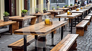 Wooden benches and set tables in a street reataurant. Generative ai design