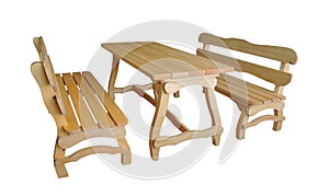 Wooden benches and table on white background. Garden furniture