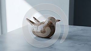 Wooden bird figurine with carved lines on marble surface
