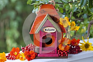 Wooden Bird House With Welcome Sign