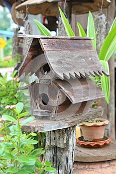 Wooden bird houses in the garden