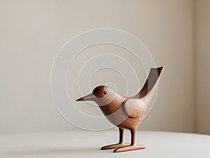 Wooden bird sculpture standing on light background.