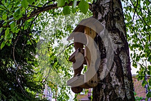 Wooden birdhouse on a birch trunk in the shady coolness of green leaves