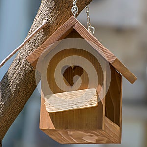 Wooden birdhouse. Bird feeder hanging on a tree. Bringing birds to the garden to protect against pests