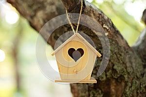 Wooden birdhouse hanging from tree in autumn garden. Concept for new home. A bird house or bird box in summer sunshine with natura