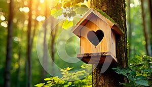 Wooden Birdhouse with Heart Shaped Entrance in a Green Forest - Generative Ai