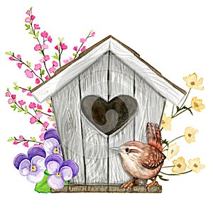 Wooden birdhouse with a heart-shaped hole and flowers isolated on white background