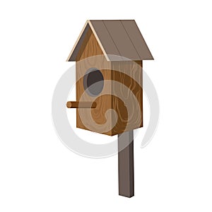 Wooden birdhouse isolated on white background. beautiful starling house in cartoon style. realistic nesting box for
