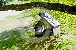 Wooden birdhouse in the park