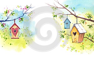 Wooden birdhouses and blooming trees in spring, watercolor illustration