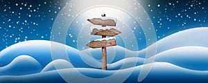 Wooden blank sign post in North Pole. Winter holidays. Merry Christmas and Happy new year 3D illustration