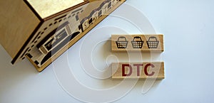 Wooden block form the word `DTC` and food basket icon near miniature house. Beautiful white background, copy space. Home deliver