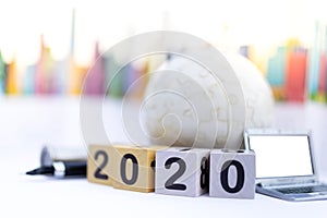 Wooden block new year , with new solution of technology business. Image use for marketing, business concept
