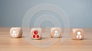 Wooden block printed icon of CRM concept representing business goal selection, target customers, marketing plan and strategy,