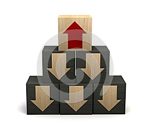 Wooden block with red arrow facing the opposite direction black arrows, Unique, think different, standing out from the crowd