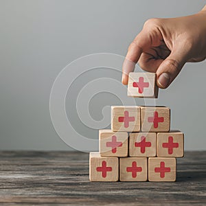 Wooden block with red arrow on stack symbolizes progress and achievement in neutral setting