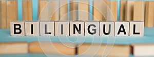 Wooden Block Spelling Bilingual on Table photo