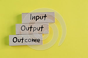 Wooden block with text INPUT OUTPUT OUTCOME