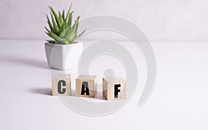wooden block with word of CAF. Word CAF conceptual symbol. photo