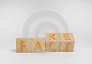 Wooden blocks with words fake and fact 3D render illustration