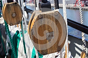 Wooden blocks as part of rigging.