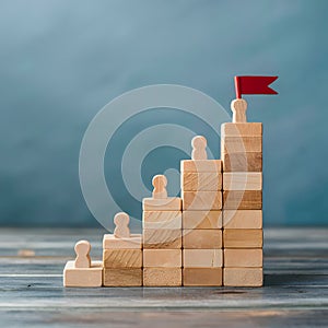 Wooden blocks in ascending order lead to red flagged peak, symbolizing progress and success photo