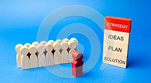 Wooden blocks with a business strategy: ideas, plan, solution and team of employees. Business management concept. Planning,