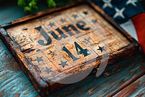 Wooden Blocks Calendar With June 14 Date, surrounded by US flag. Nathional flag Day