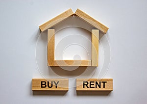 Wooden blocks form the words `buy rent` near miniature house. Beautiful white background, copy space. Business concept