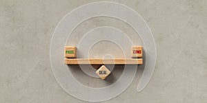 Wooden blocks formed as a seesaw weighing pros and cons of a deal - 3D rendered illustration
